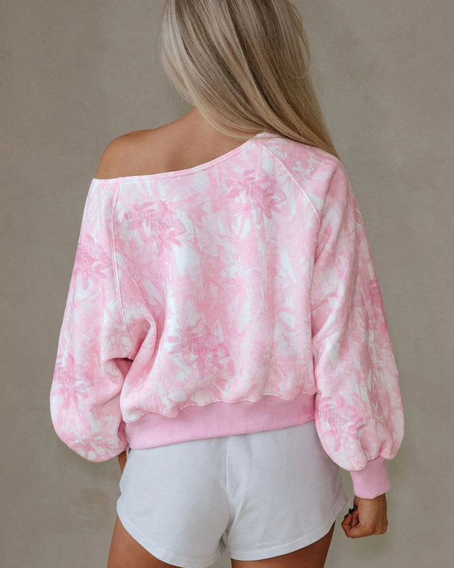 Pink Abstract Woodland Print Asymmetric Shoulder Long Sleeve Top