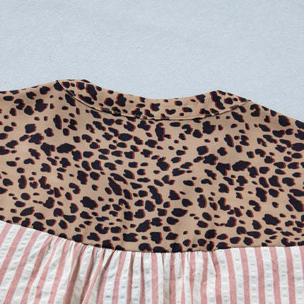 Sky Blue Stripe Leopard Trim V Neck Button Down Half Sleeve Shirt