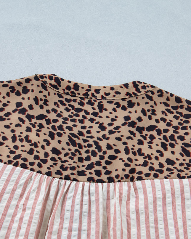Sky Blue Stripe Leopard Trim V Neck Button Down Half Sleeve Shirt
