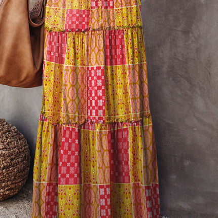 Purple Tiered Paisley Print Pocketed Maxi Skirt