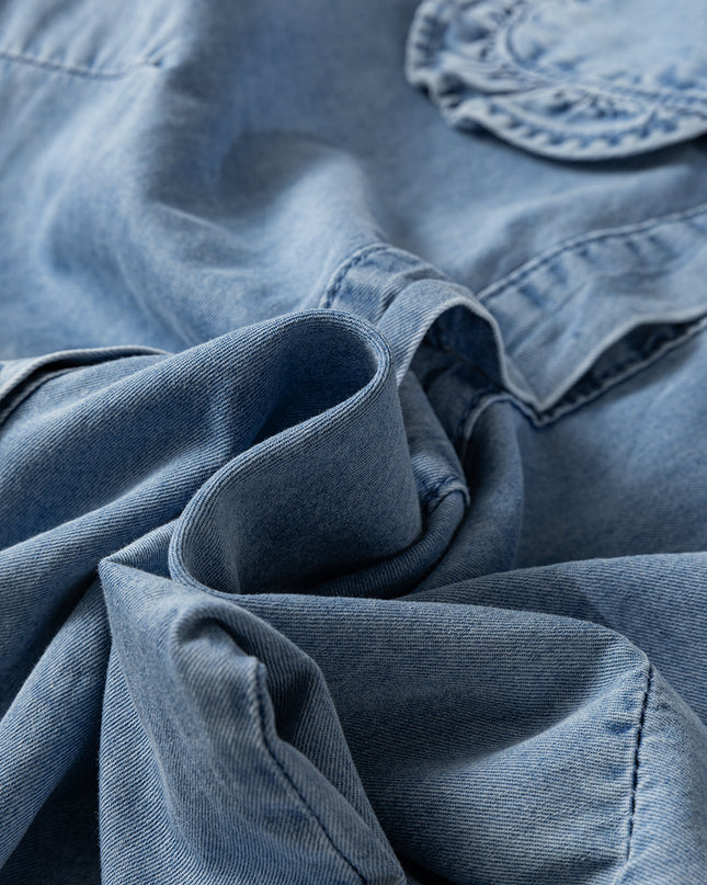 Beau Blue Ruffled Peter Pan Collar Western Denim Shirt