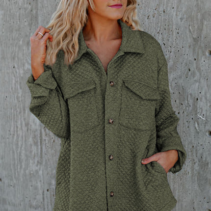 Black Retro Quilted Flap Pocket Button Shacket