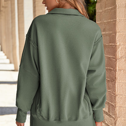 White Buttoned Collared Raw Detail High Low Baggy Sweatshirt with Slits