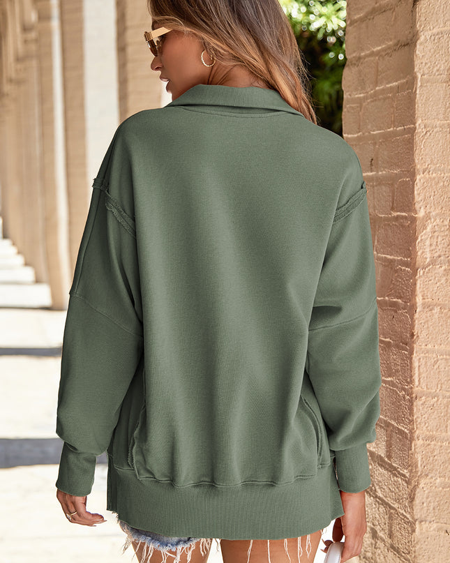 White Buttoned Collared Raw Detail High Low Baggy Sweatshirt with Slits