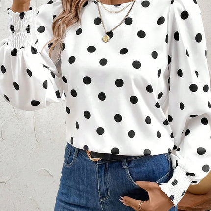 White Polka Dot Print Round Neck Frilled Long Sleeve Blouse