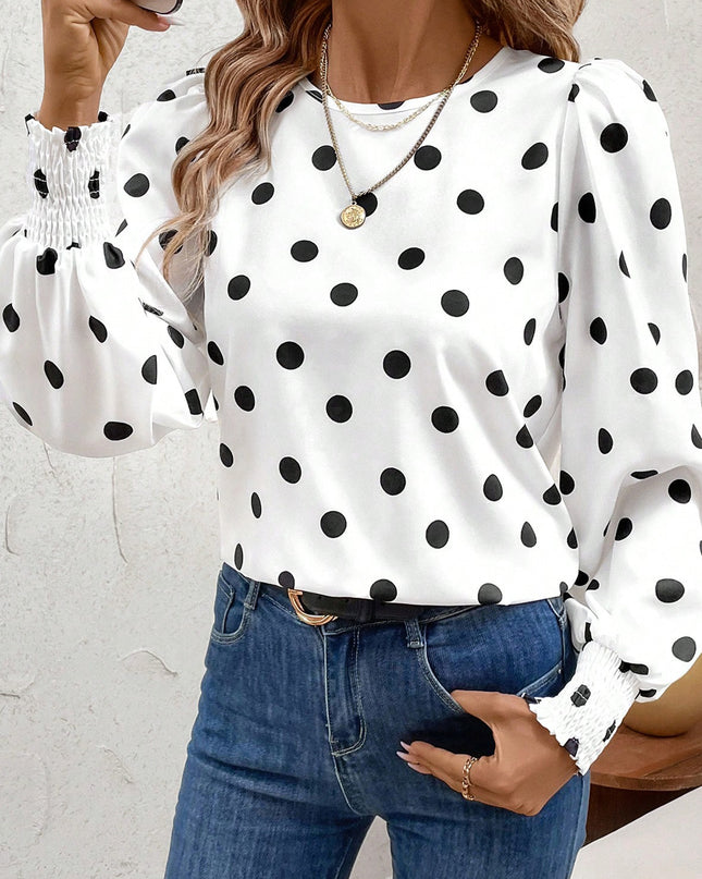 White Polka Dot Print Round Neck Frilled Long Sleeve Blouse