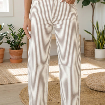 Khaki Stripe Casual Barrel Jeans