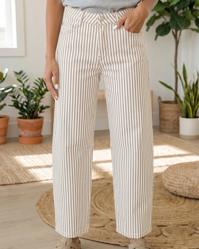 Khaki Stripe Casual Barrel Jeans