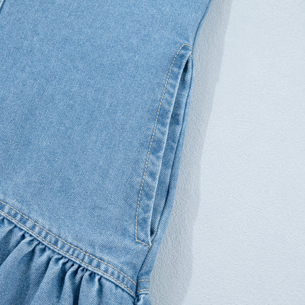 Beau Blue Button Down Short Puff Sleeve Ruffle Hem Patchwork Denim Dress
