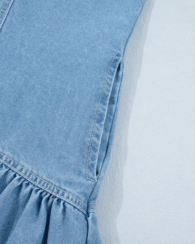 Beau Blue Button Down Short Puff Sleeve Ruffle Hem Patchwork Denim Dress
