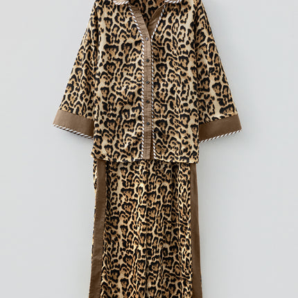 Brown Leopard Collared 3/4 Sleeve Shirt and Loose Pants Two Piece Outfit Set