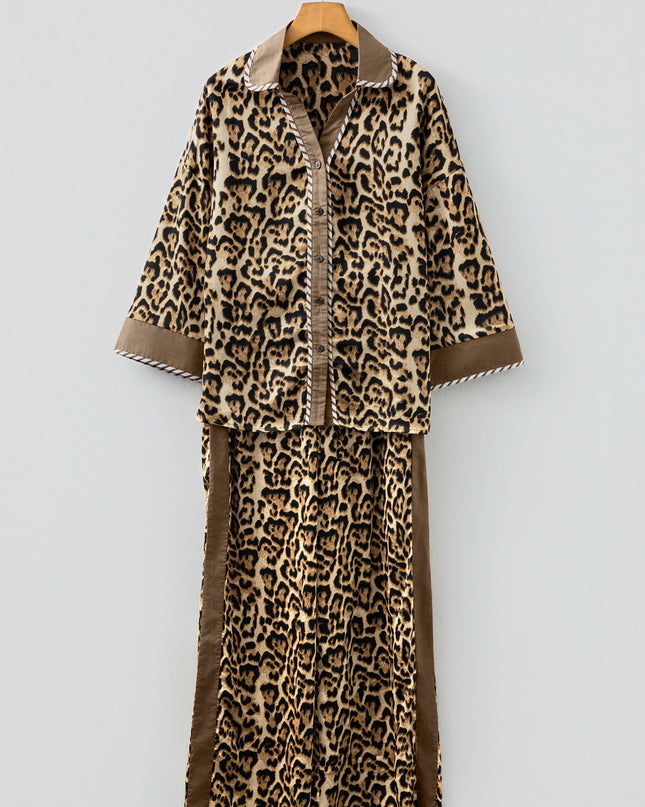 Brown Leopard Collared 3/4 Sleeve Shirt and Loose Pants Two Piece Outfit Set
