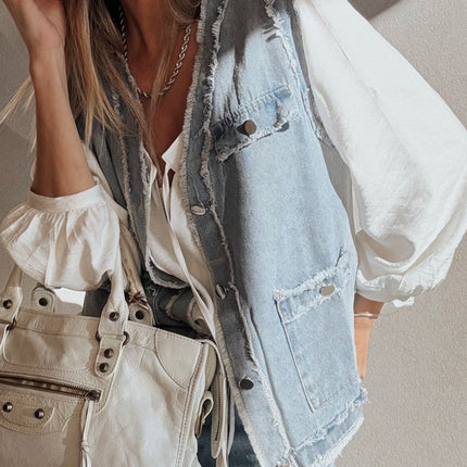 Beau Blue Frayed Edge Flap Pockets Denim Vest Jacket