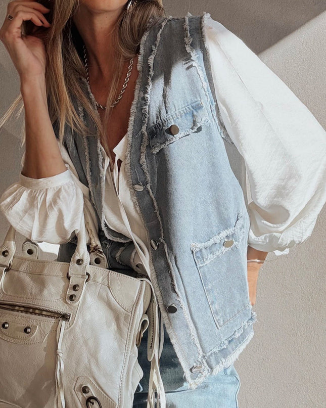 Beau Blue Frayed Edge Flap Pockets Denim Vest Jacket