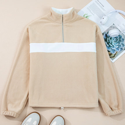 Parchment Fleece Colorblock Patchwork Zipped Neck Pullover Sweatshirt
