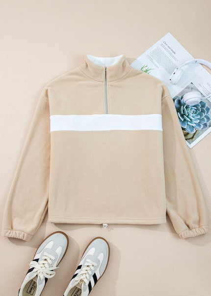 Parchment Fleece Colorblock Patchwork Zipped Neck Pullover Sweatshirt