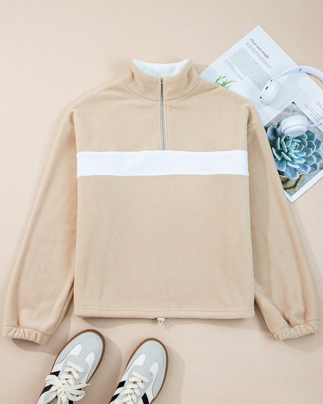 Parchment Fleece Colorblock Patchwork Zipped Neck Pullover Sweatshirt