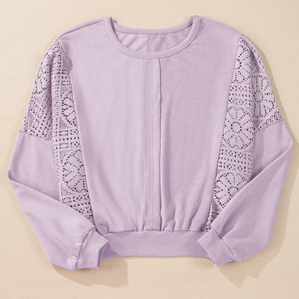 Parchment Knit Crochet Exposed Seam Ribbed Trim Sweatshirt