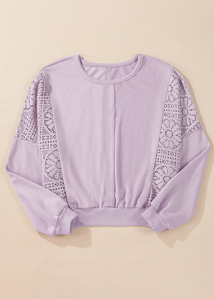 Parchment Knit Crochet Exposed Seam Ribbed Trim Sweatshirt