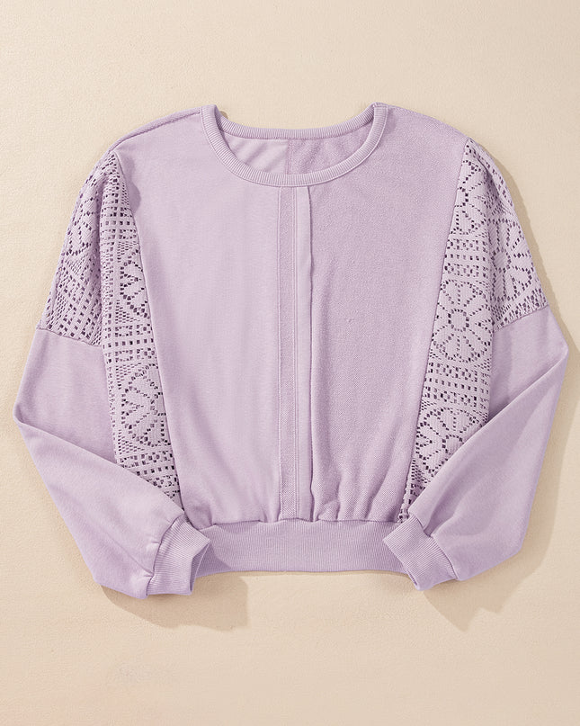 Parchment Knit Crochet Exposed Seam Ribbed Trim Sweatshirt