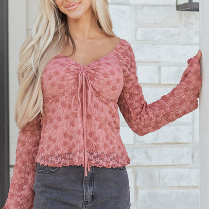 Peach Blossom Drawstring Knot Detail Floral Lace Blouse