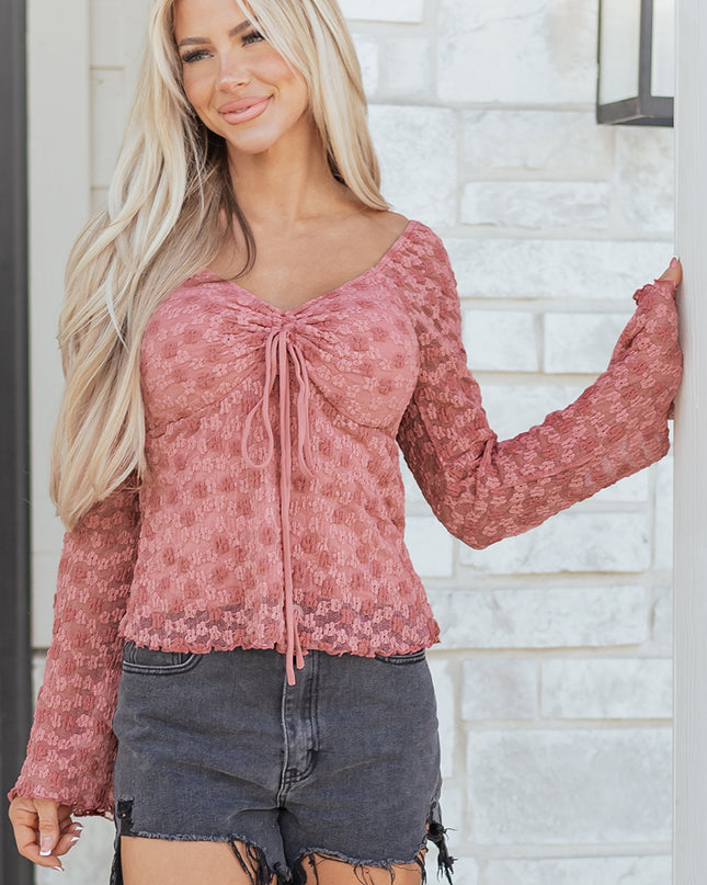 Peach Blossom Drawstring Knot Detail Floral Lace Blouse