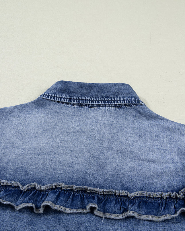 Dusk Blue Vintage Wash Denim Ruffle Detail Button Down Shirt