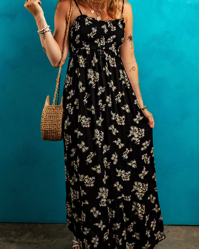 Black Floral Spaghetti Strap Shirred Bodice Tied Empire Waist Maxi Dress