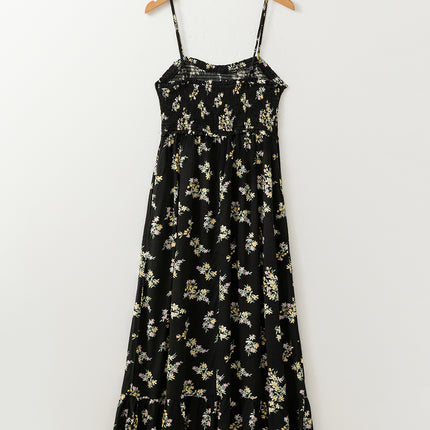 Black Floral Spaghetti Strap Shirred Bodice Tied Empire Waist Maxi Dress