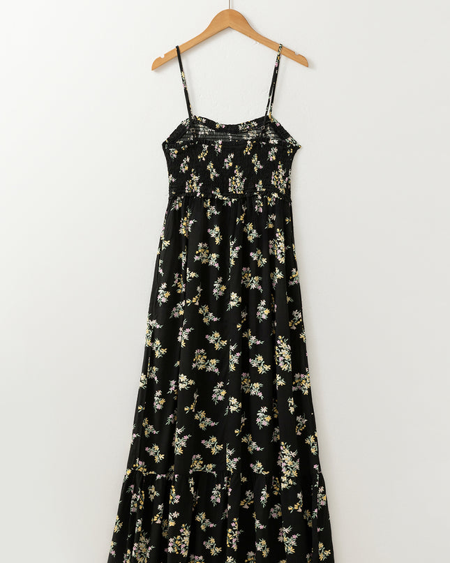 Black Floral Spaghetti Strap Shirred Bodice Tied Empire Waist Maxi Dress