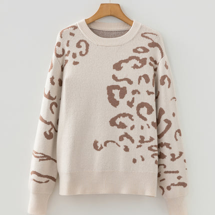 Beige Asymmetric Leopard Print Detail Drop Shoulder Sweater