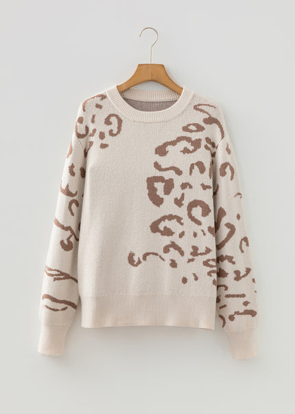 Beige Asymmetric Leopard Print Detail Drop Shoulder Sweater