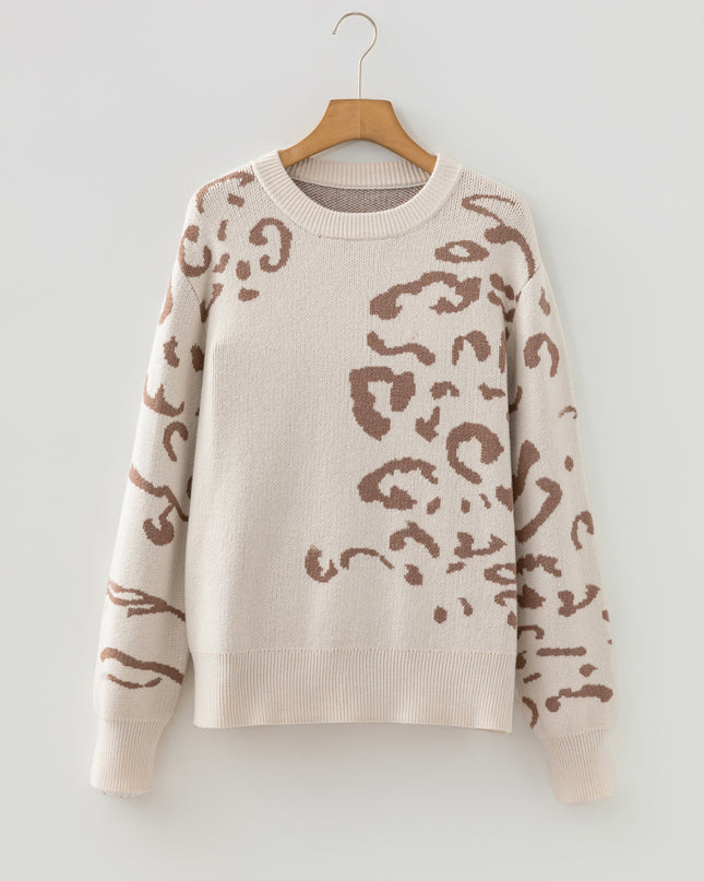 Beige Asymmetric Leopard Print Detail Drop Shoulder Sweater