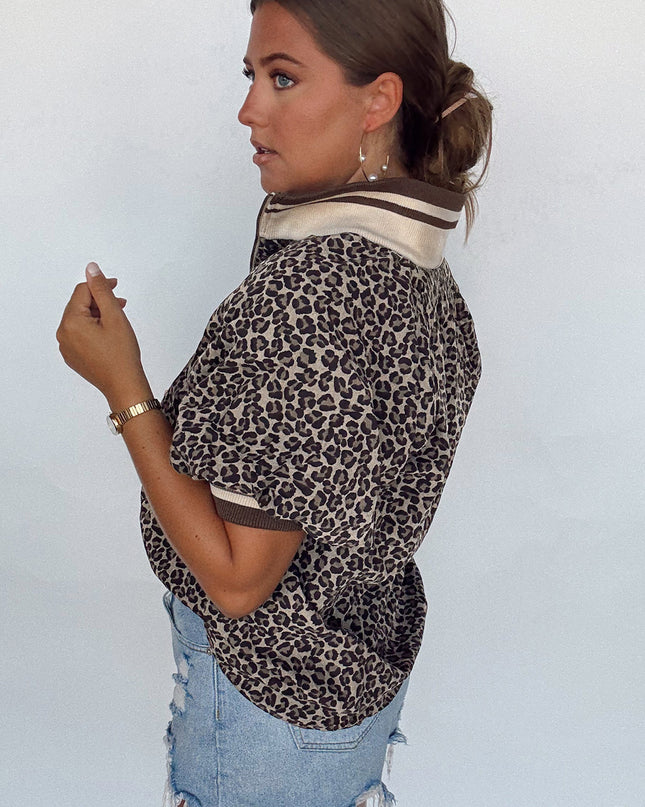 Khaki Leopard Print Half Zip Striped Trim Patchwork Short Sleeve Top
