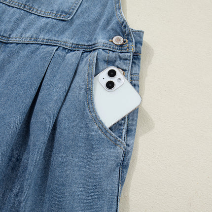 Dusk Blue Pleated Wide Leg Retro Pocketed Denim Jumpsuit