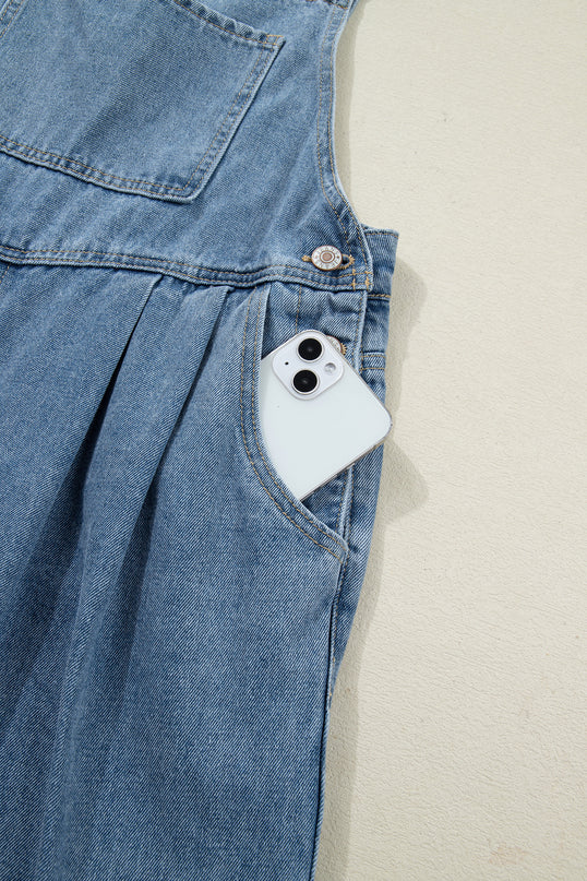 Dusk Blue Pleated Wide Leg Retro Pocketed Denim Jumpsuit