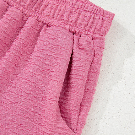 Pink Textured V Neck T Shirt and Shorts Set