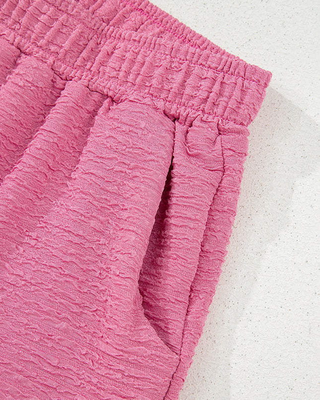Pink Textured V Neck T Shirt and Shorts Set