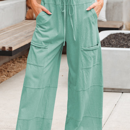 Bonbon Exposed Seam Drawstring Elastic Waistband Wide Leg Cargo Pants