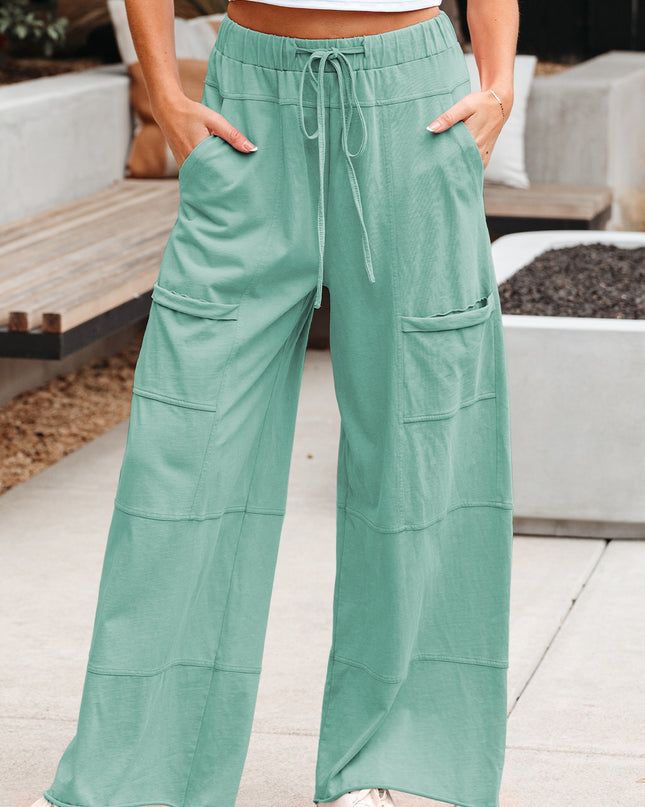 Bonbon Exposed Seam Drawstring Elastic Waistband Wide Leg Cargo Pants