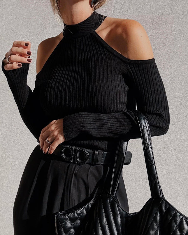 Black Ribbed Knit Cold Shoulder Choker Neck Sweater