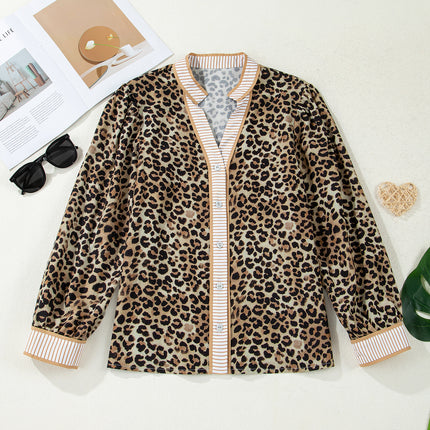 Khaki Contrast Striped Trim V Neck Leopard Shirt