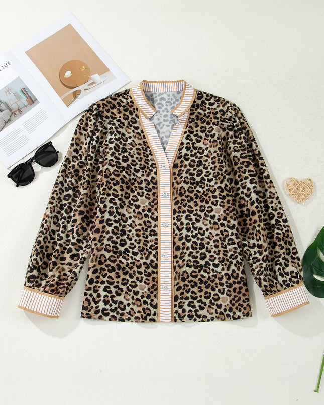 Khaki Contrast Striped Trim V Neck Leopard Shirt