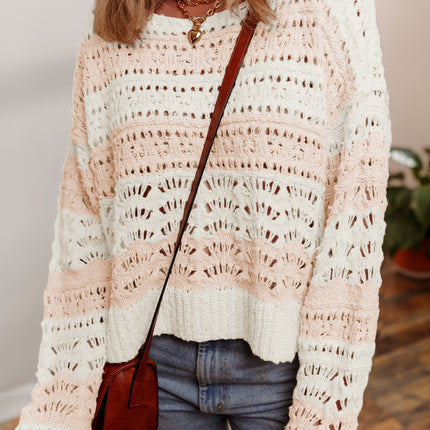 Pink Hollow-out Colorblock Drop Shoulder Casual Sweater