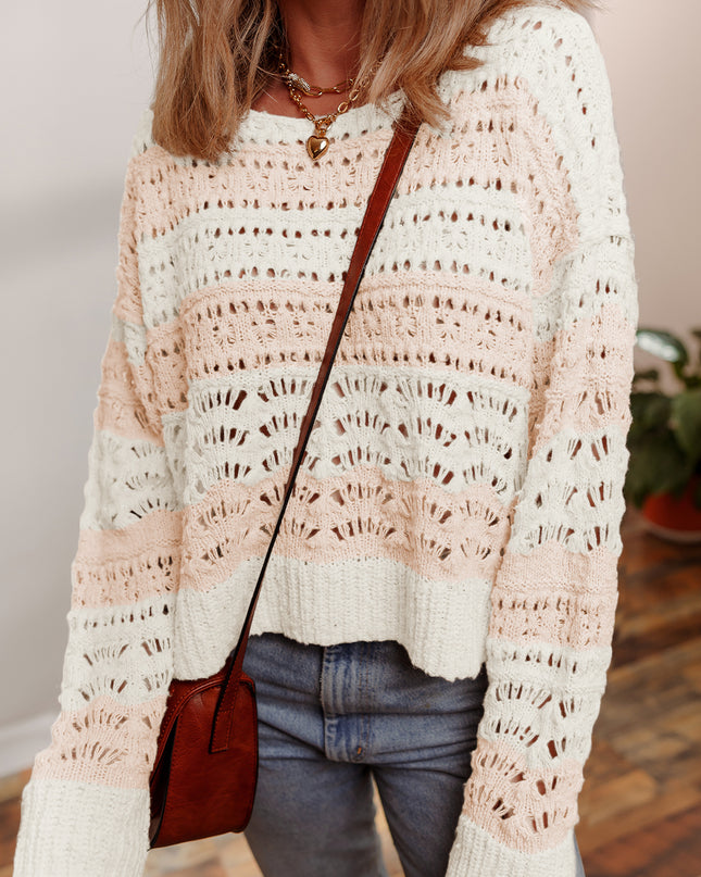 Pink Hollow-out Colorblock Drop Shoulder Casual Sweater