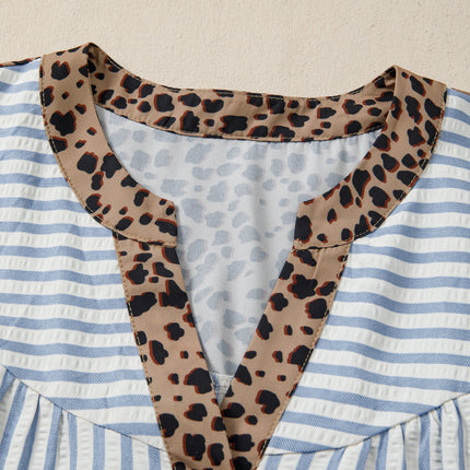 Sky Blue Stripe Leopard Trim V Neck Button Down Half Sleeve Shirt