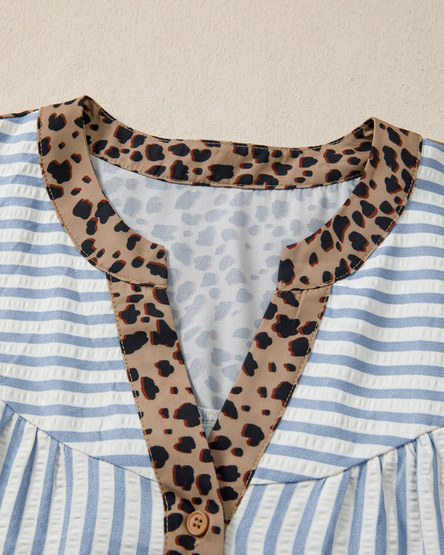 Sky Blue Stripe Leopard Trim V Neck Button Down Half Sleeve Shirt