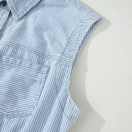 Sky Blue Stripe Collared Button Front Sleeveless Denim Mini Dress