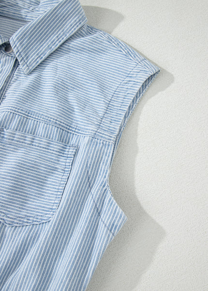Sky Blue Stripe Collared Button Front Sleeveless Denim Mini Dress