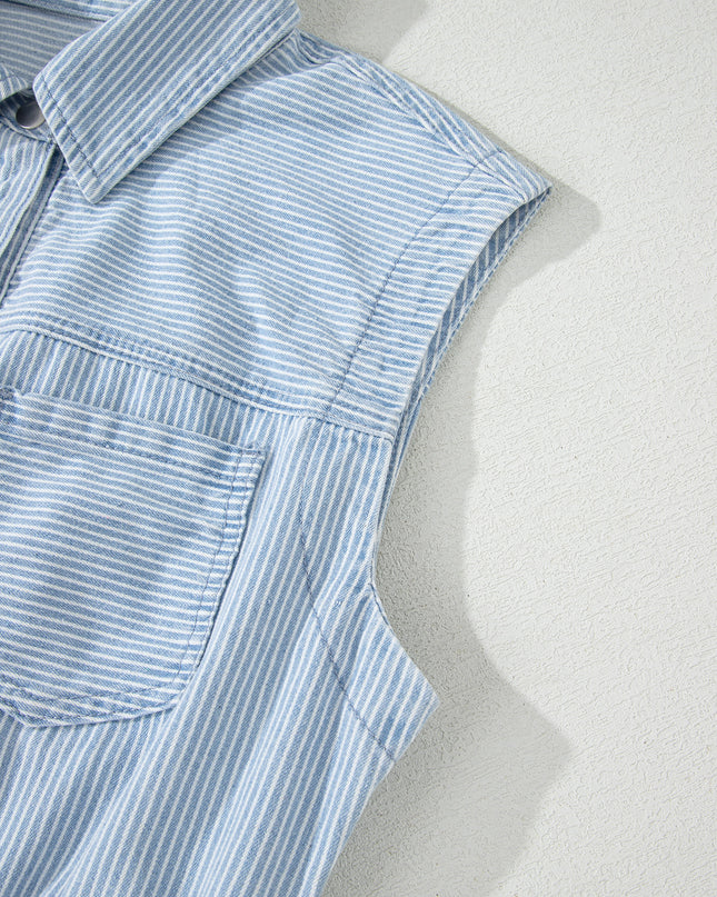 Sky Blue Stripe Collared Button Front Sleeveless Denim Mini Dress